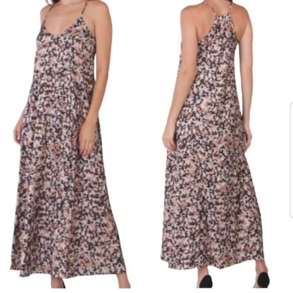 NICOLE MILLER Satin Spaghetti Strap Leopard Print Maxi Dress POCKETS